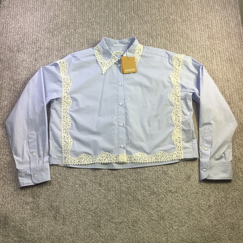 Sandro Gaia Light Blue Lace Trim Cropped Cotton Button Down Shirt Size 40 2 NWT - Picture 2 of 14